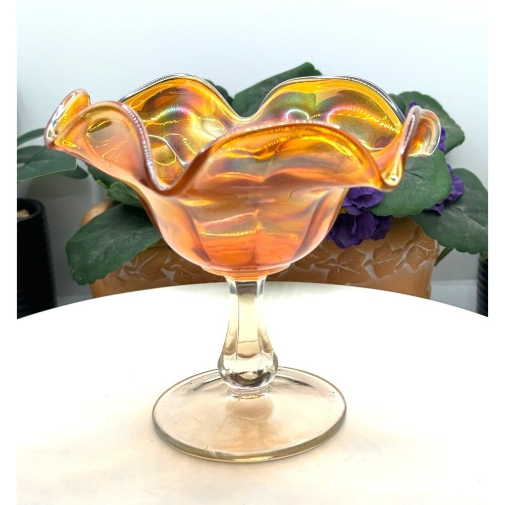Vintage Iridescent Marigold Carnival Glass Compote Dish